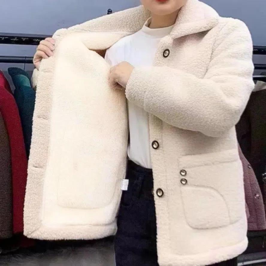 Mid-Length Fleece-Lined Faux Lamb Wool Women's Warm Coat