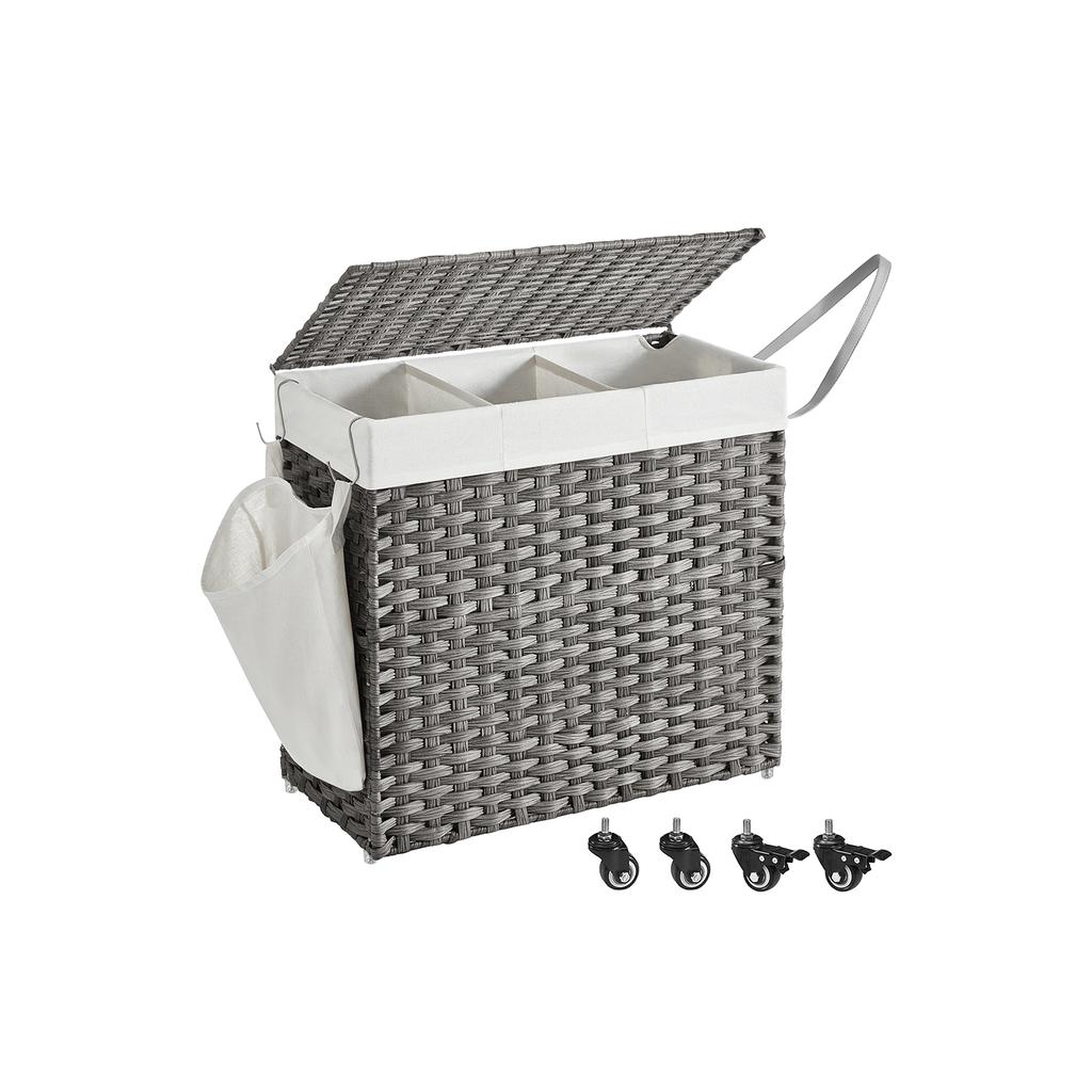 SONGMICS Laundry Basket, Handwoven Laundry Hamper, 140L Rattan-Style Washing Basket with 3 Compartments, Removable Liner, Handles, Lid, Living Room