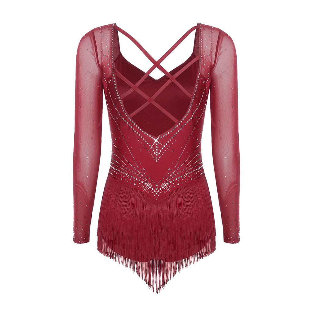 All-in-One Performance Jumpsuit for Women S-XXL: Perfect for Tango, Rumba & Figure Skating with Mesh Sleeves & Open Back
