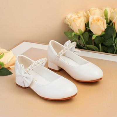 Girls' Princess High-Heeled White Bow Leather Shoes with Pearls for Spring and Autumn