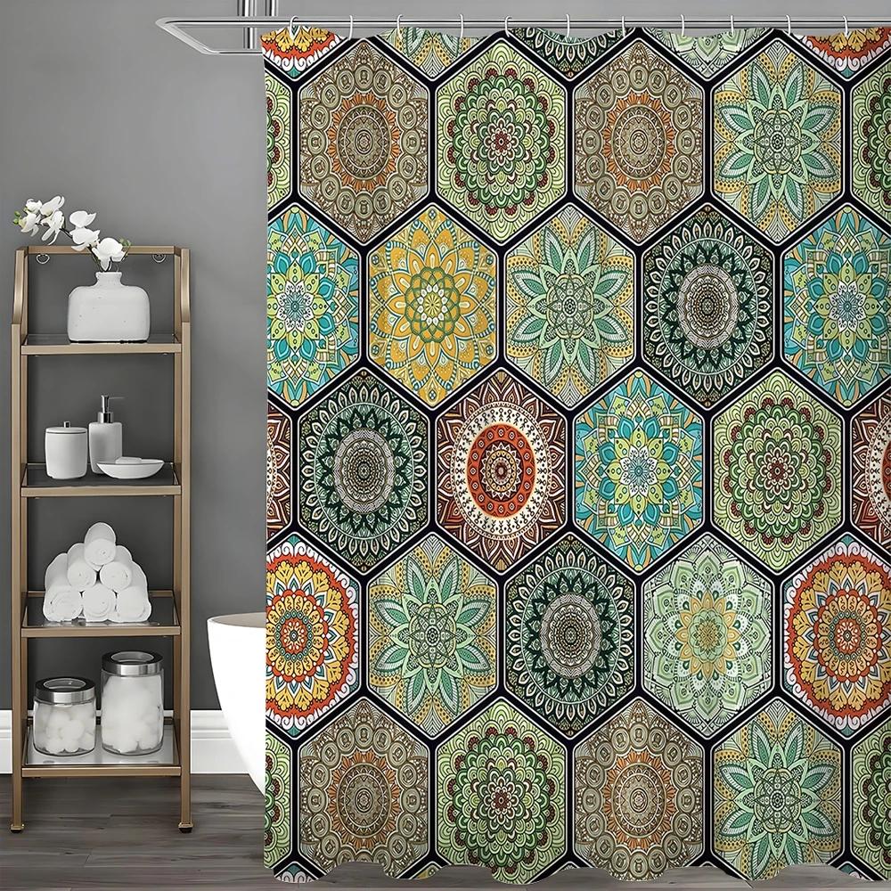 Colorful Bohemian Floral Print Beautiful Bright Shower Curtain, Bathroom Decorative Shower Curtain, Waterproof Shower Curtain wi