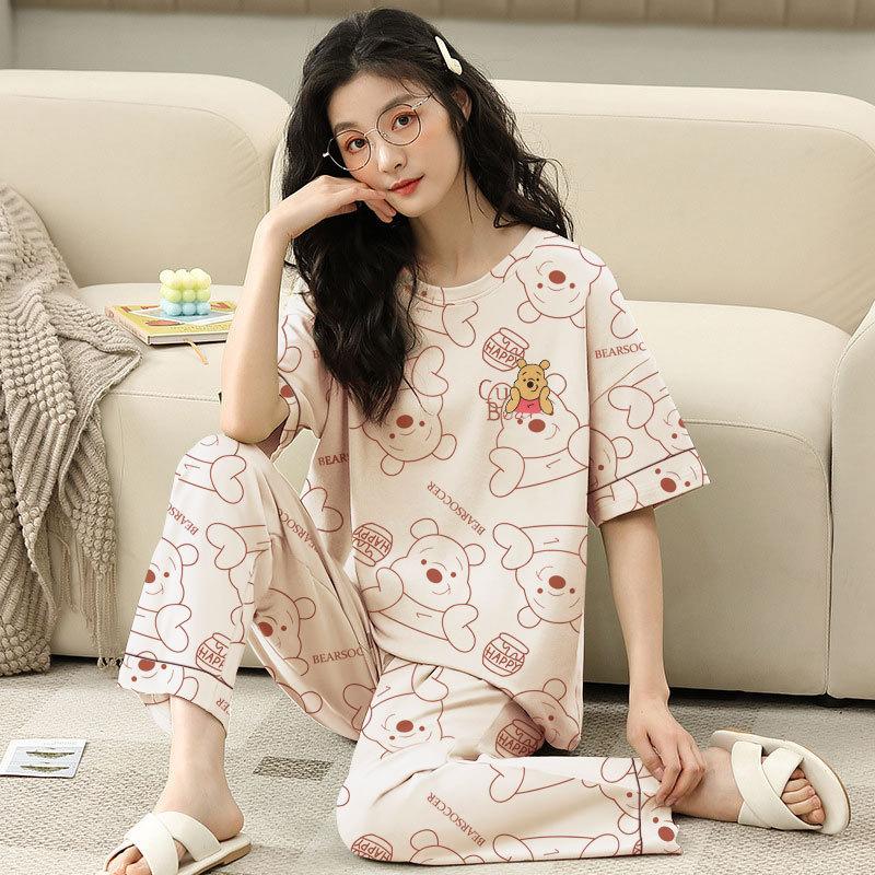

Spring and autumn summer pure cotton pajamas women s short-sleeved trousers round neck pullover cartoon bear imitation cotton women s loungewear suit female m