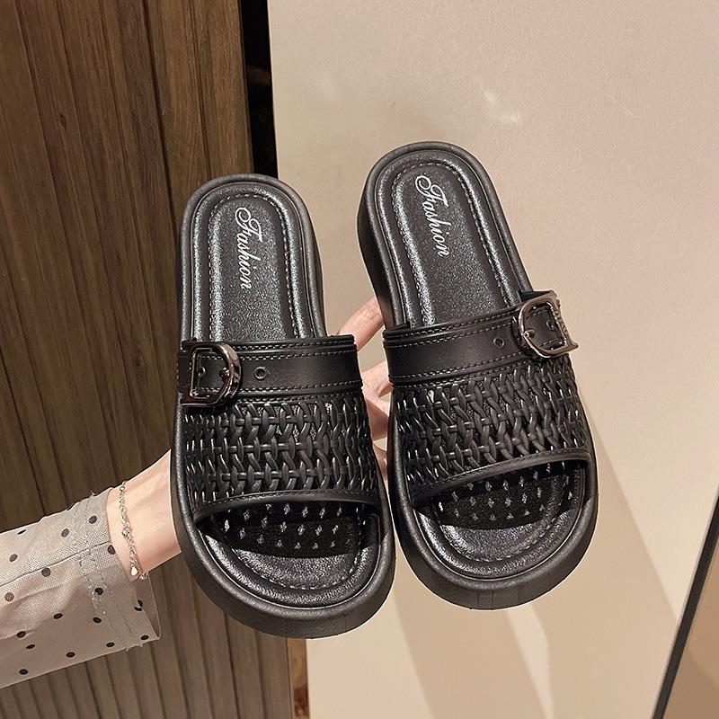 New fashionable and simple thick-bottomed mesh hollowed-out woven summer women's one-word belt outer wear versatile slippers