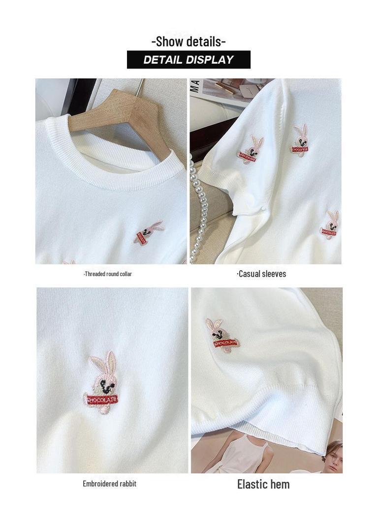 Damen Sommer Eis Seide Stricktop - Rundhalsausschnitt, Lockere Passform, Kaninchenstickerei, Kurze Ärmel