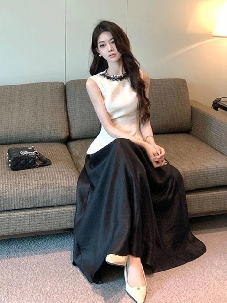 Damen Ärmellose Sommer Weste mit Taillenschnürung und High-Waist Rock Set