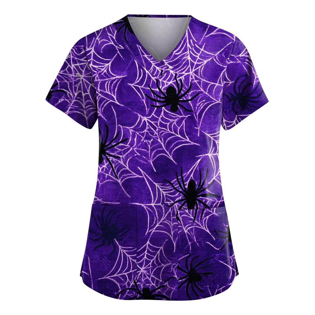 Dámská móda Overaly s krátkým rukávem a výstřihem do V s kapsami Halloweenské potištěné topy Oblečení