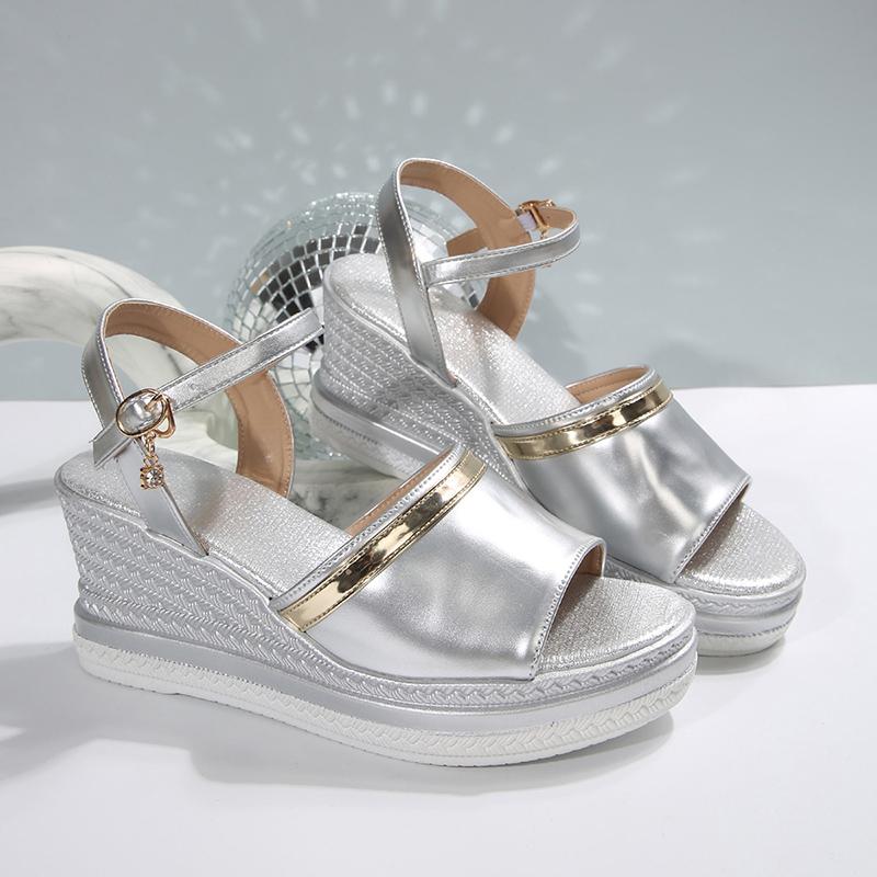 Fashion Silver Wedge Heels Sandals for Women Summer 2025 Chunky Platform Beach Sandals Woman Ankle Strap Thick Sole Sandalias