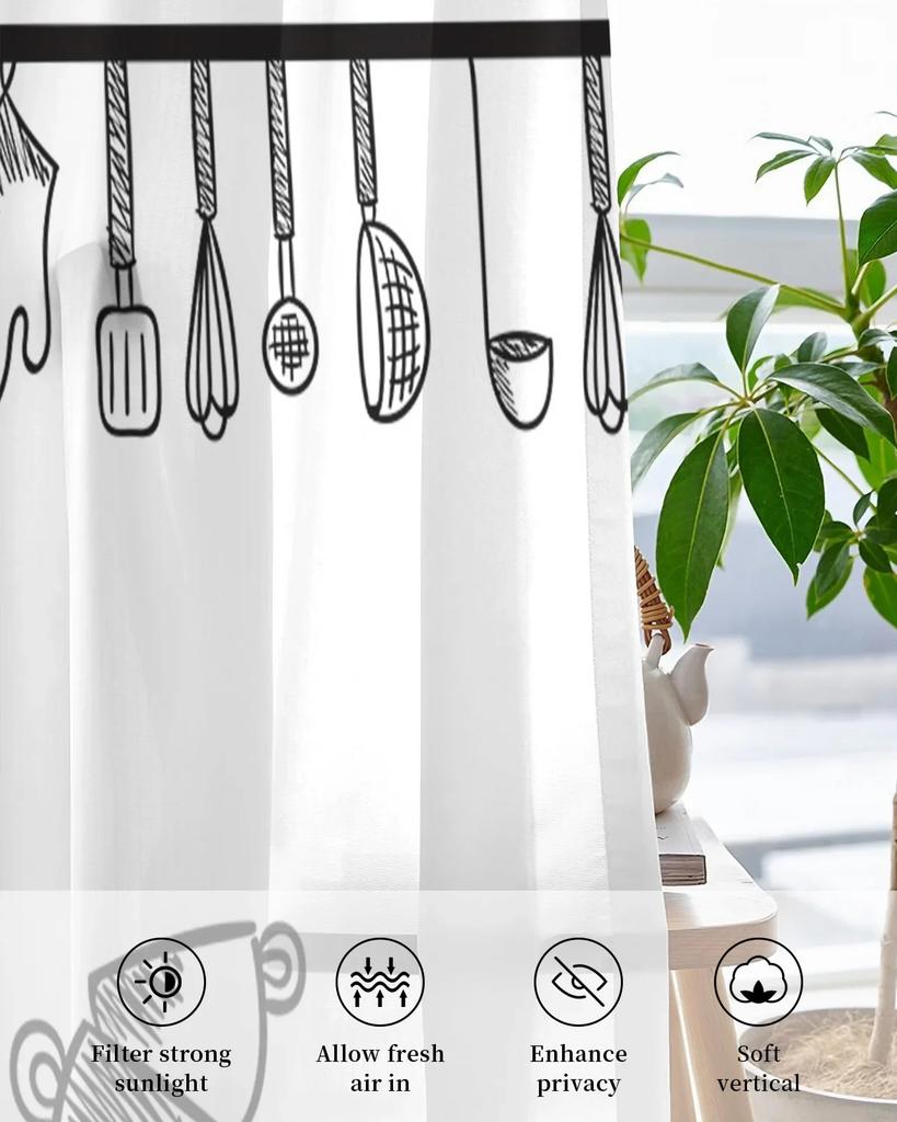 2Panels Chiffon Sheer Curtain Kitchen Curtain Kitchenware Chef Print Voile Tulle Cortinas for Kitchen LivingRoom Window Cortina