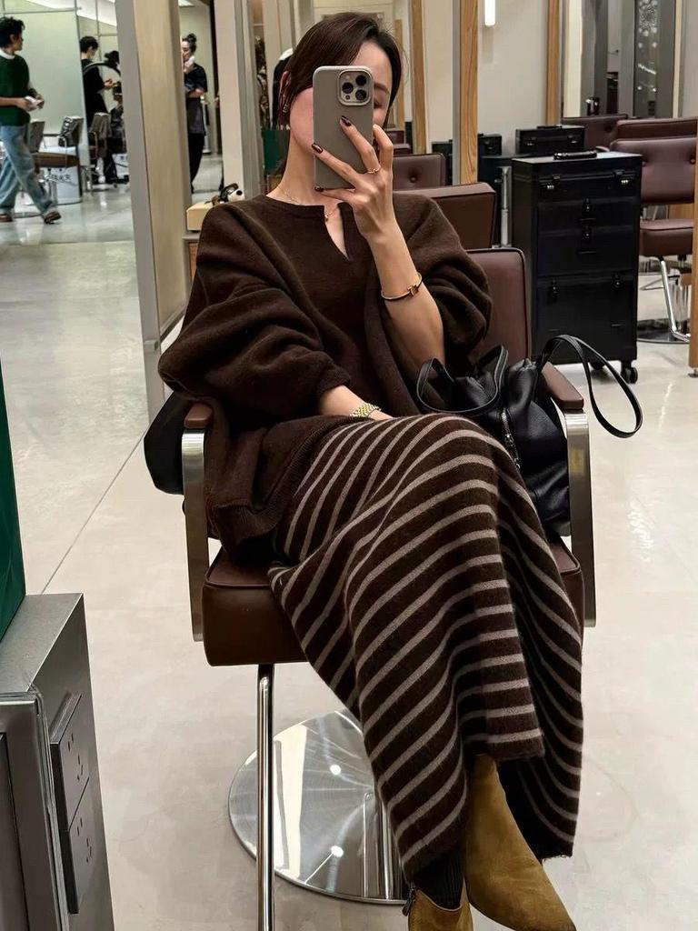 Women's High Waist Color Block Striped Midi Skirt - Winter Korean Style