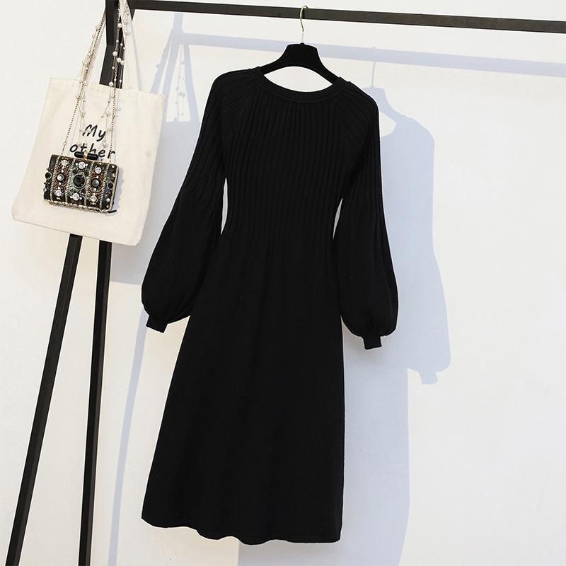 Women's Spring and Autumn Plus Size Solid Colour Mid Length Knitted Sweater Bottom Shirt Long Sleeve Dresses