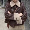 Brown cotton leather jacket short locomotive clothing imitation lamb fur jacket women's autumn and winter cotton-padded clothing short fashion