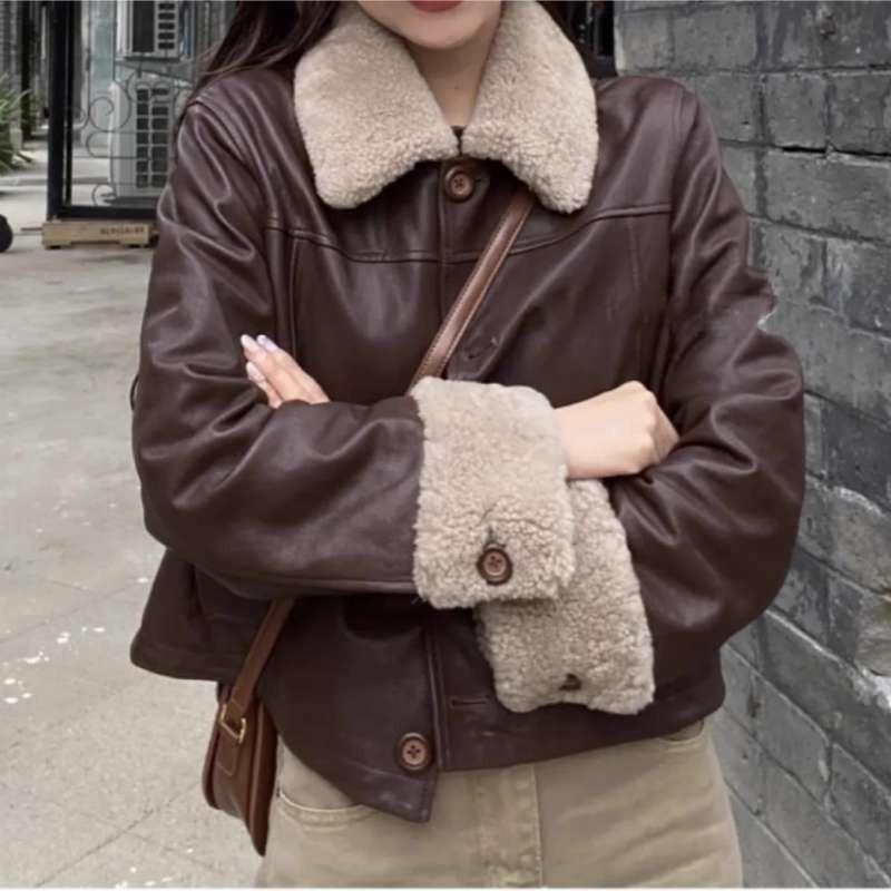 Brown cotton leather jacket short locomotive clothing imitation lamb fur jacket women's autumn and winter cotton-padded clothing short fashion
