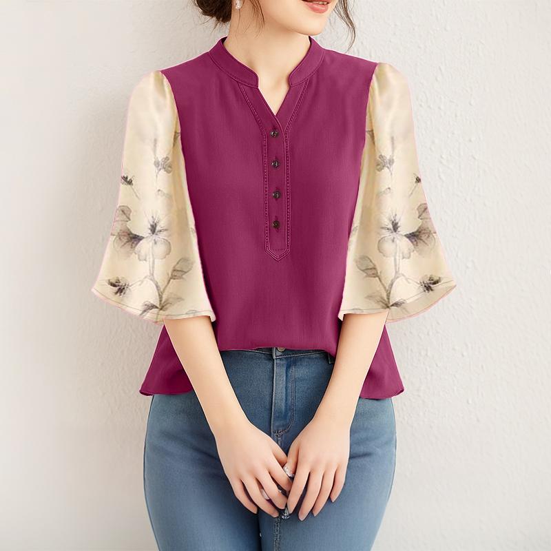 ZANZEA Damen Casual V-Ausschnitt Spleiß 3/4 Ärmel Lockere Bluse