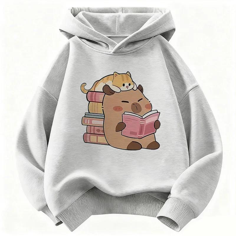 Best-selling Fall/winter Fun Guinea Pig Pattern Reading Book Hoodie. Trendy Teenage Cat Print Casual Hoodie.