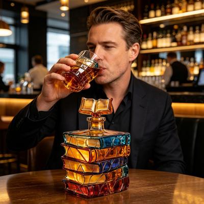 Yousheng Stained Glass Book-Shaped Wine Decanter 700ml Handcrafted Glass Bottle with Book Stopper Colorful Literary Home Decor Unique Gift for Wine
