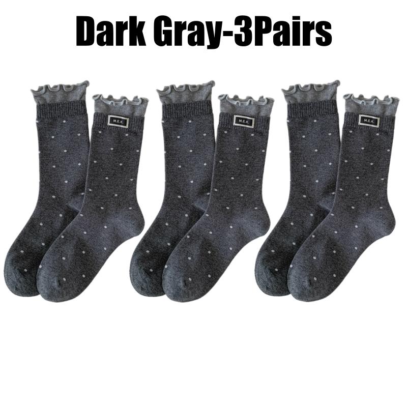 Womens Polka Dot Mid Crew Socks Ballet Style Delicate Lace Edging and Ruffle Trim Fashion Woven Label Simple Design Socks