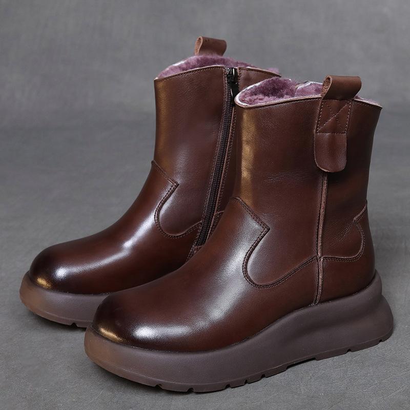 Johnature Genuine Leather Retro Thick Soled Women's Short Boots Versatile Wool Warm Snow Boots