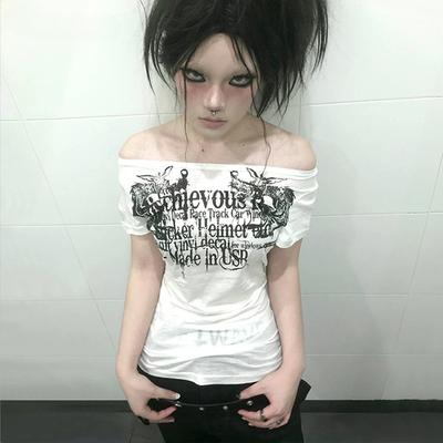 Grunge Aesthetics Tattoo Print T-shirt Trashy 2000s Style Letter T Shirt Japanese Y2k White Sheer Tops Gothic Vintage