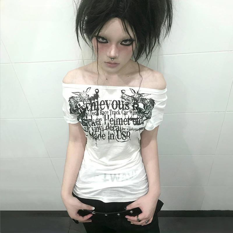 VAYLA Grunge Aesthetics Tattoo Print T-shirt Trashy 2000s Style Letter T Shirt Japanese Y2k White Sheer Tops Gothic Vintage