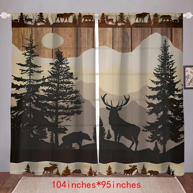 2 pieces of Simple forest animals   retro bears and deer printed curtains   pole bag curtains    home decoration   room decoration