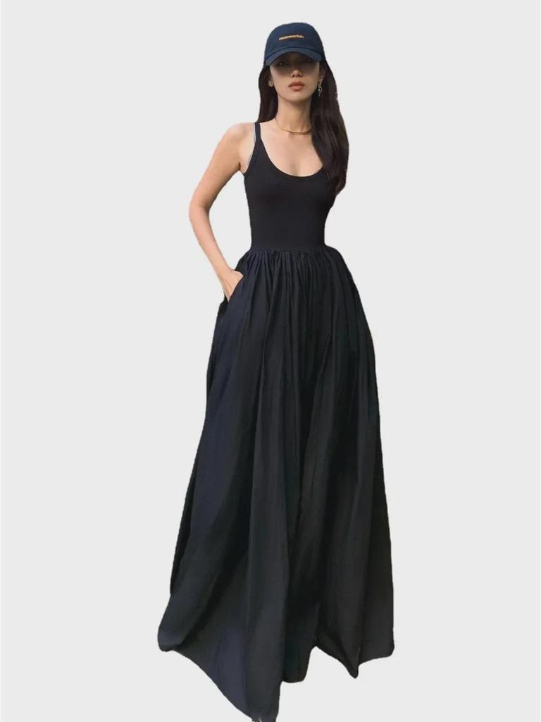 Černé dlouhé šaty bez rukávů ve stylu Hepburn s francouzským designem platykodonu pro ženy