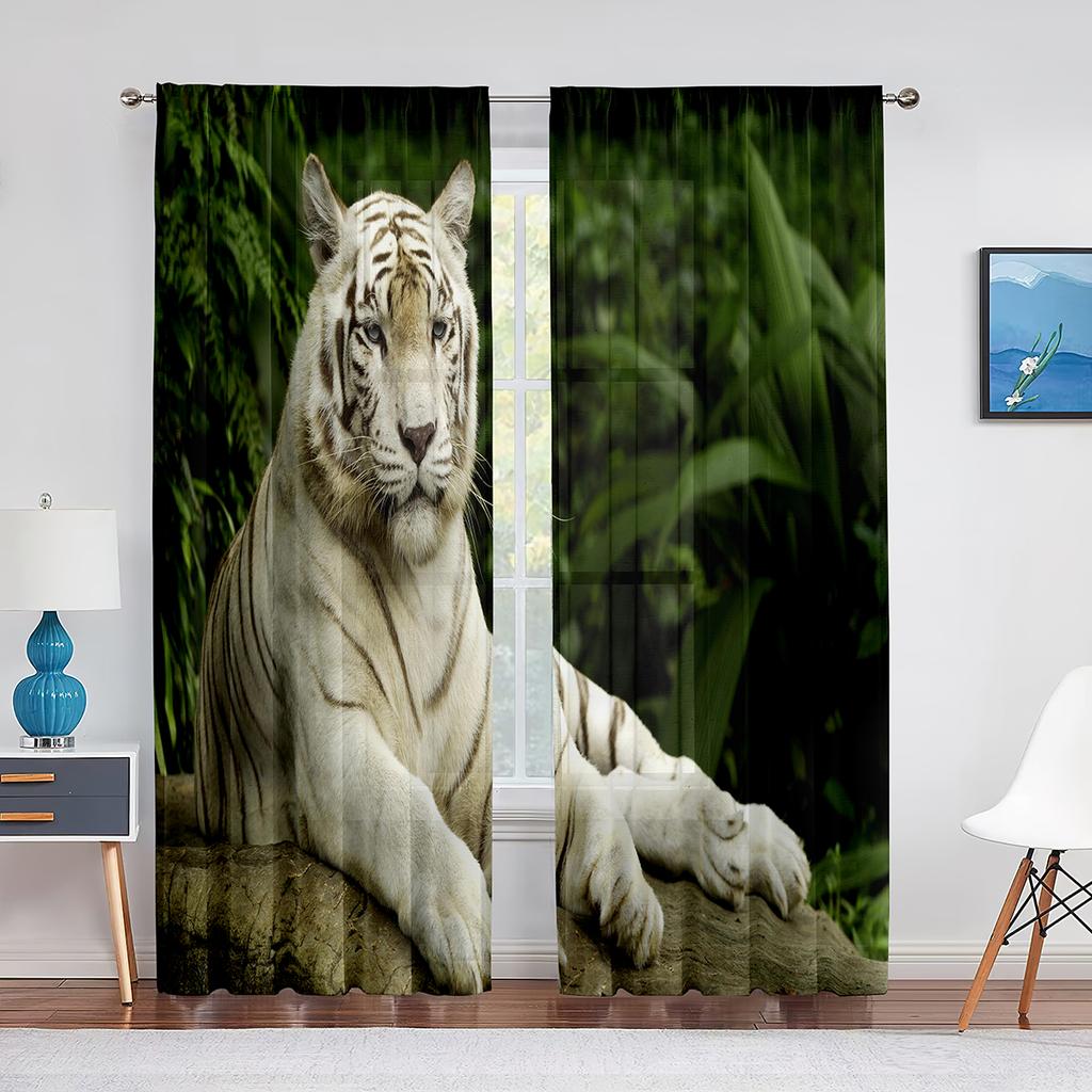 Tende in Tulle Tigre per Decorazione Soggiorno Foglie Verdi Animale Selvatico Tenda Voile Velata per Camera da Letto Cucina Tendaggi per Finestre Tende