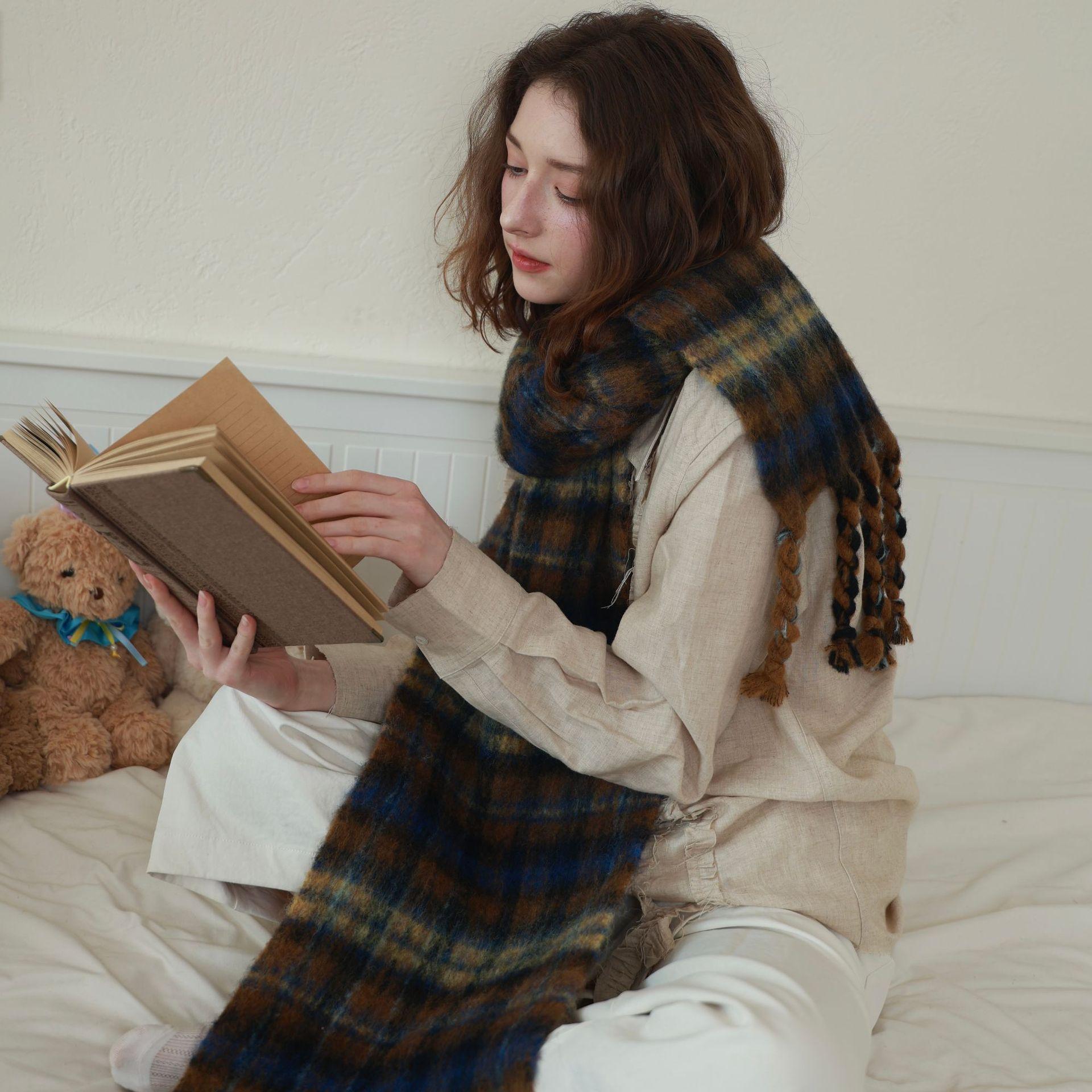 Wool new atmosphere blue plaid color matching scarf winter warm women s fringed warm scarf shawl хаки