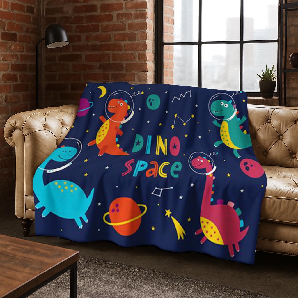 Child Cartoon Dinosaur Space Planet Flannel Blanket Soft Warm Blanket for Bedroom Room Living Room Office Travel Camping Picnic