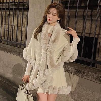 Plus Size Women's Knitted Cardigan with Imitation Rex Rabbit Fur Collar - Autumn/Winter Cape Shawl