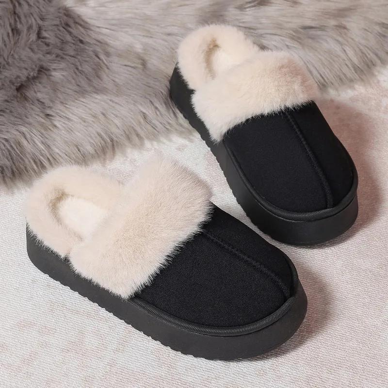 Winter Women Platform Slippers Warm Plush Slippers Women Fashion Indoor Outdoor Fluffy Suede Mules Female Snow Cotton Shoes