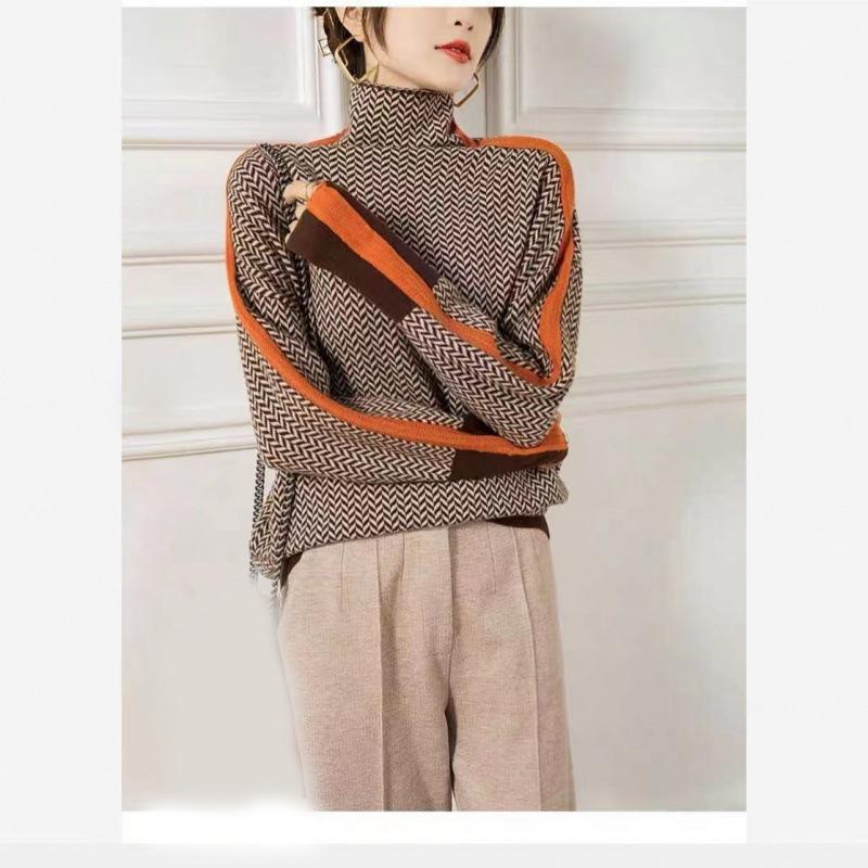 Ladies' Autumn and Winter Long Sleeved High Neck Color Blocked Western-style Plaid Base Shirt, Fashionable and Versatile Pullover Women's Inner Outfit