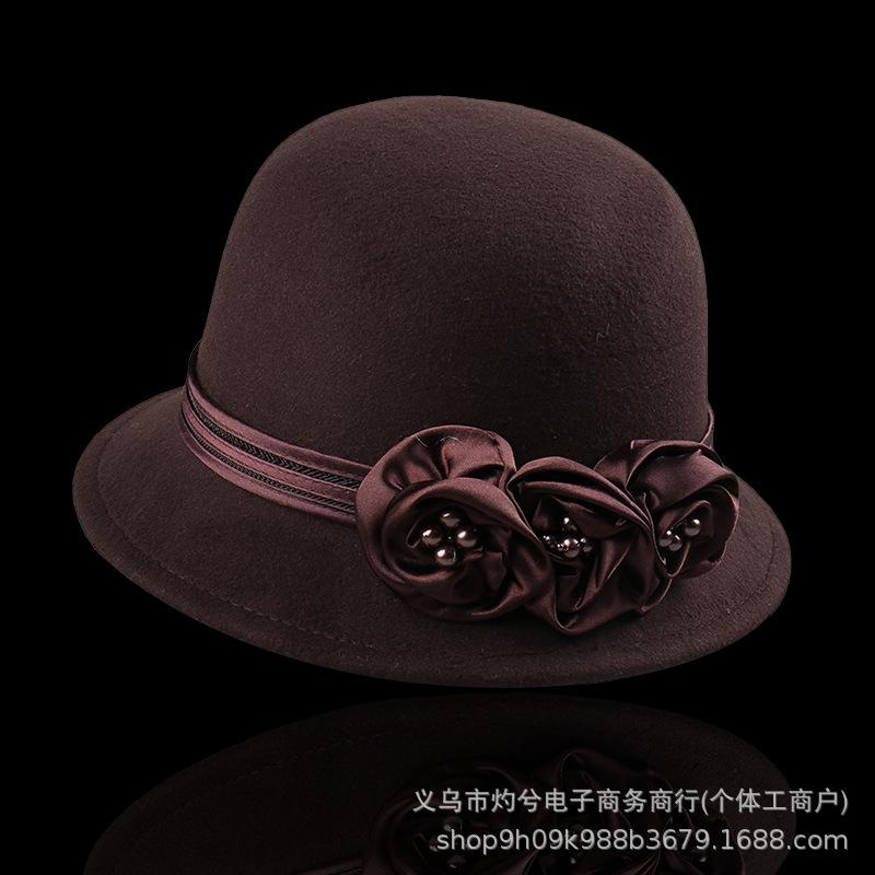 New Hepburn style retro rose flower French elegant dome top hat women's autumn and winter outdoor washbasin hat