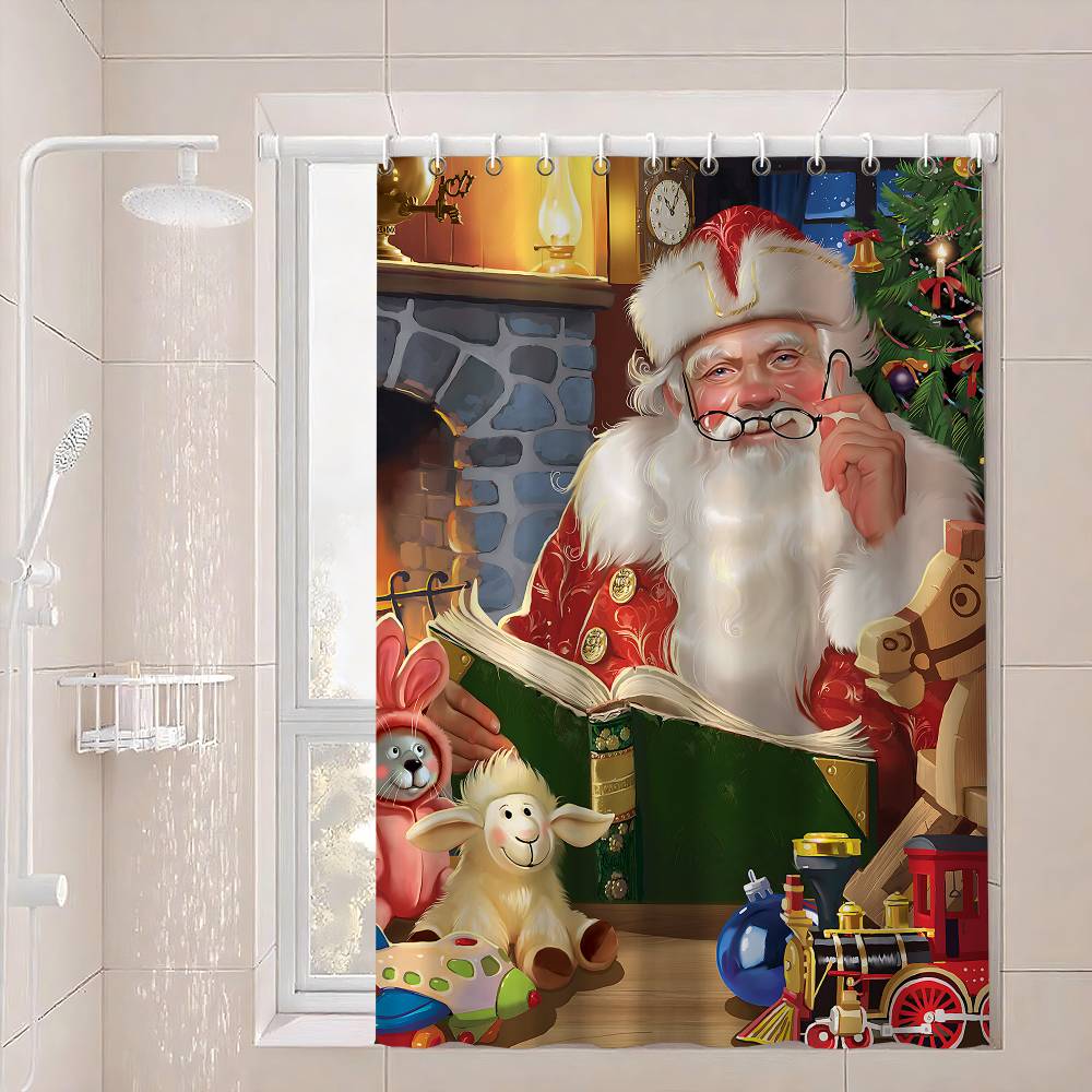 Christmas Santa Claus Shower Curtain Summer Beach Bathroom Decorative Shower Curtain, Waterproof