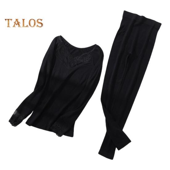 1 Set Damen Thermo-Unterwäsche-Set, Herbst/Winter, Spitze, V-Ausschnitt, Langarm, Hemd, Unterteil, lange Hosen, warme Basisschicht, Top, Leggings