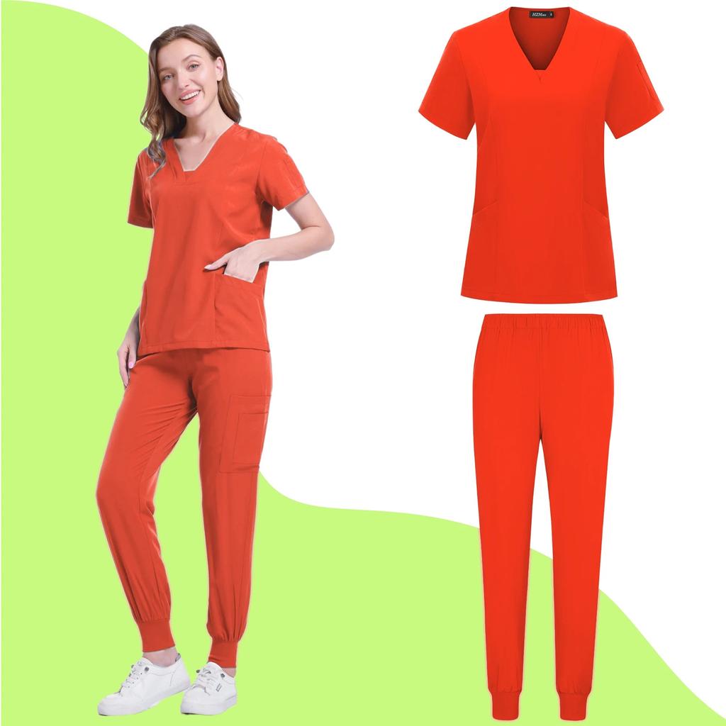 Costum de lucru pentru femei, larg și confortabil, cu mâneci scurte și decolteu în V, cu buzunare multiple