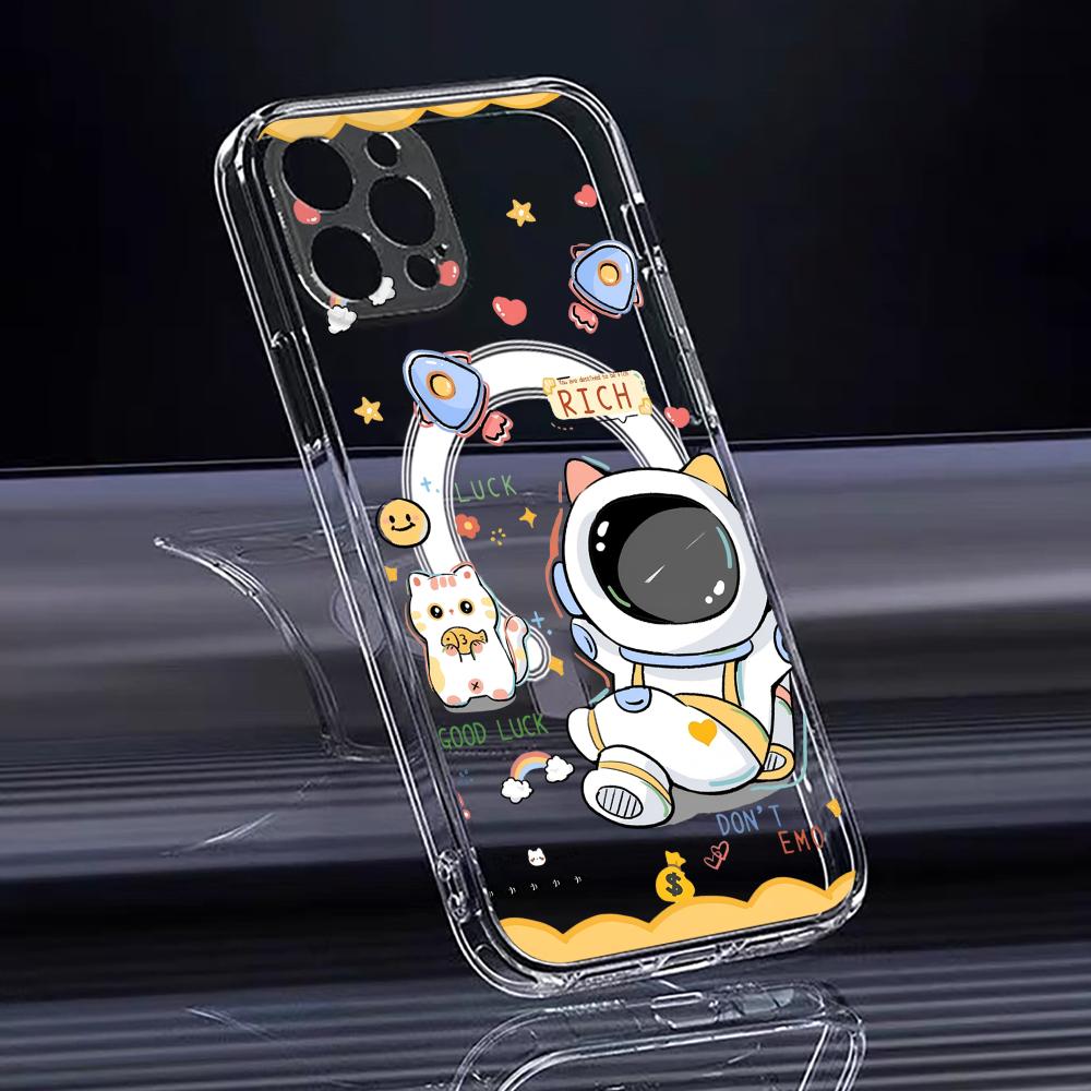 Cute Cartoon Astronaut Phone Case For iPhone 17 16 15 14 13 12 Pro Max Plus With Magnetic Crystal Clear Case Wireless Charge
