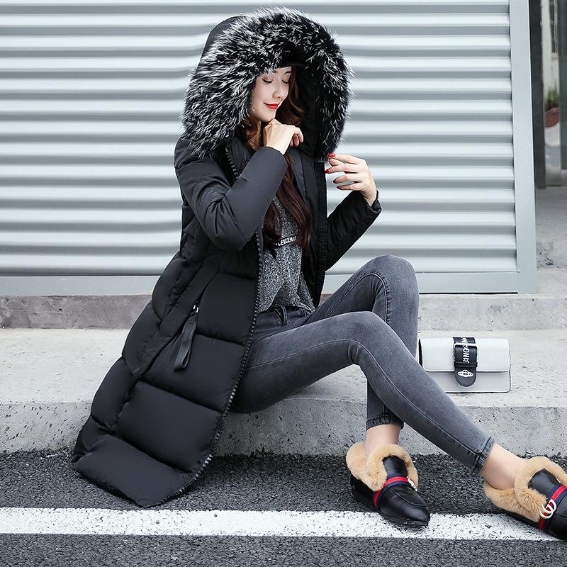 Hooded Long Women's Cotton Coat with Fur Collar for Fall/Winter