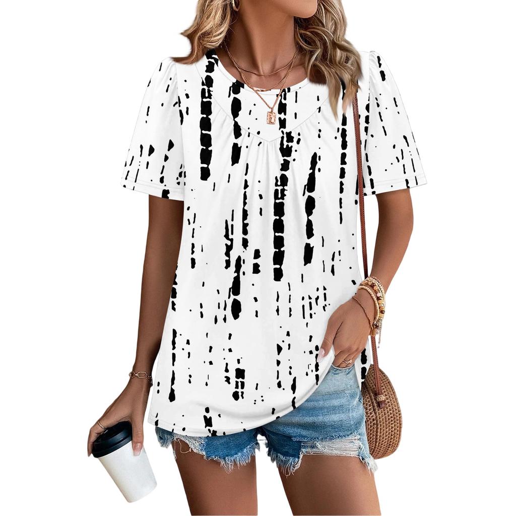 Damtopp med rund hals och blommigt tryck, veckad kortärmad, casual stil