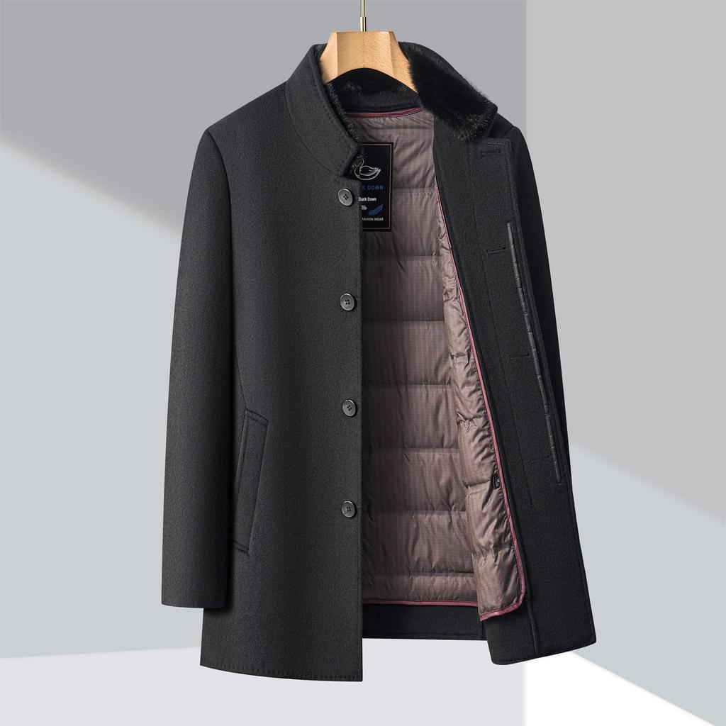 Men's Double-Faced Wool Coat with Detachable Down Lining, Wool Blend, Stand and Fur Collars, for Middle-Aged and Elderly.