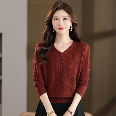 Suéter de Tricô com Decote V de Outono para Mãe: Blusa Moderna, Solta e Quente para Mulheres de Meia-Idade e Idosas