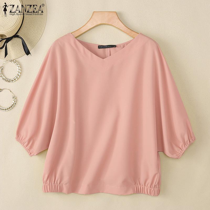 ZANZEA Damen Sommer V-Ausschnitt Unifarben 3/4 Ärmel Lässige Bluse