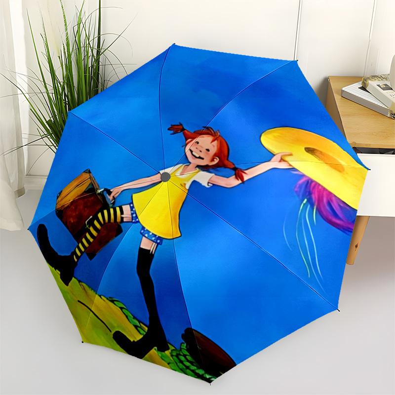 1pc Pippi Longstocking Automatic Folding Umbrella - Compact 8-Rib Design, Durable Plastic & Iron, Daily Use Z1230056