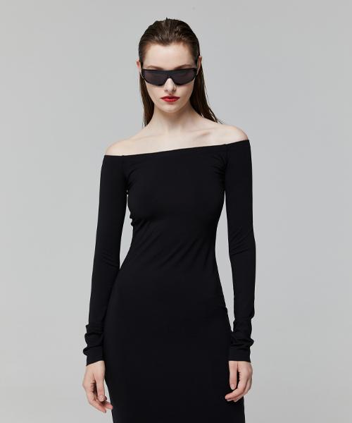 LADY VOLUME Off Shoulder Line Dress_Black