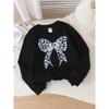European sizes Girls' Stylish Crewneck Sweatshirt with Leopard Print Bow Tie, Western Flair Long-Sleeved Casual Top for Young Girls
