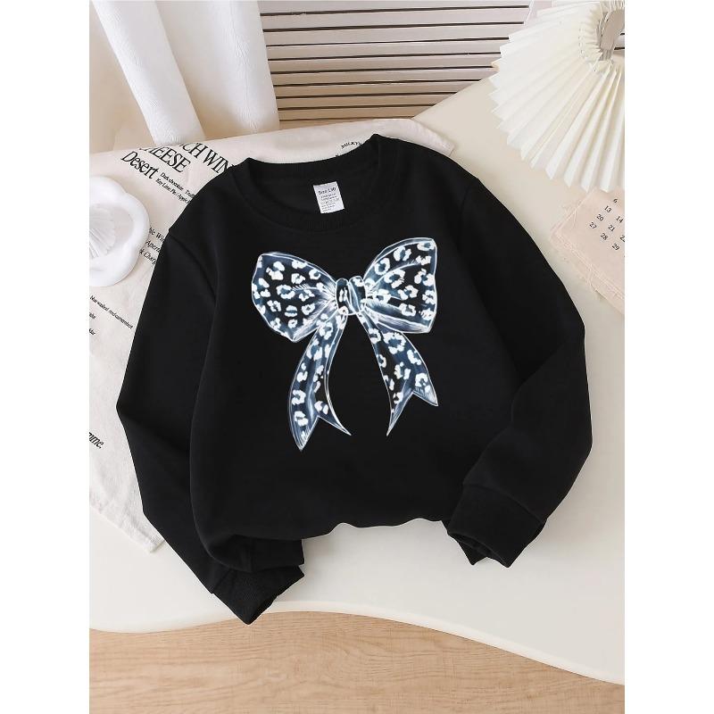 European sizes Girls' Stylish Crewneck Sweatshirt with Leopard Print Bow Tie, Western Flair Long-Sleeved Casual Top for Young Girls