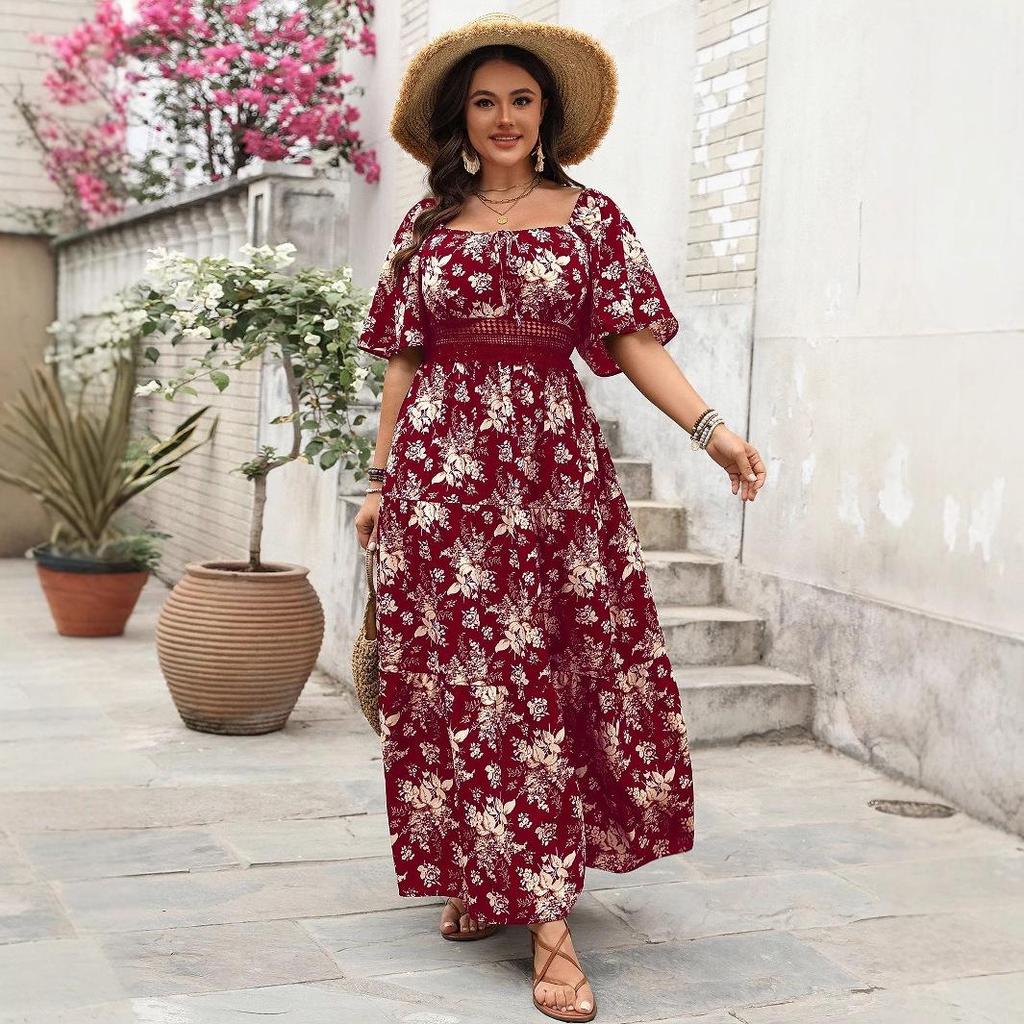 2025 Vintage-Druck Quadratischer Ausschnitt Übergröße Kurzarmkleid