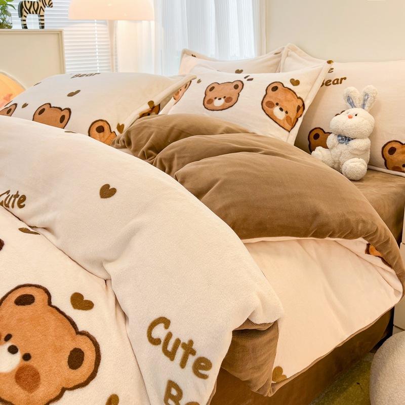 Thickened Milk Fleece Four-Piece Set, Coral Flannel Quilt Cover, Double-Sided Fleece Bed Sheet Quilt Cover, Bed Hat Three-Piece Set