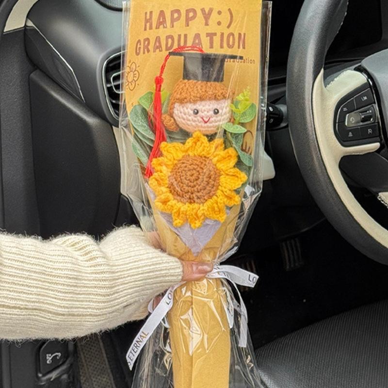 Artisanal Knitted Sunflowers Bouquets Long Time Fiber Art Celebration Decorations Gift For Grads And Special Event