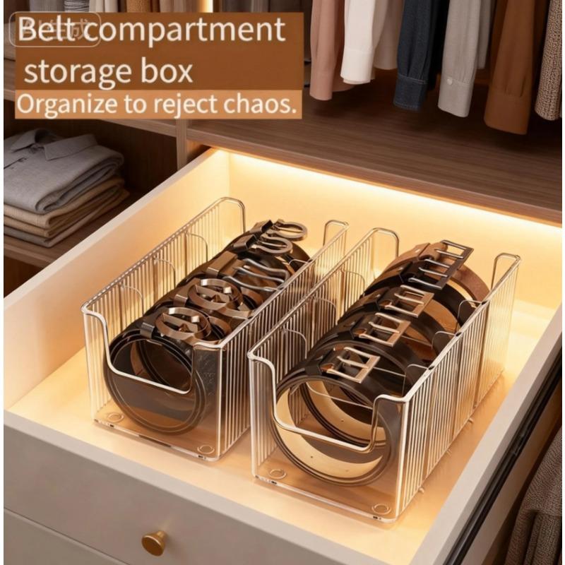 Divided Belt & Tie Organizer - Transparent Desktop Storage Box for Men’s Home Organization