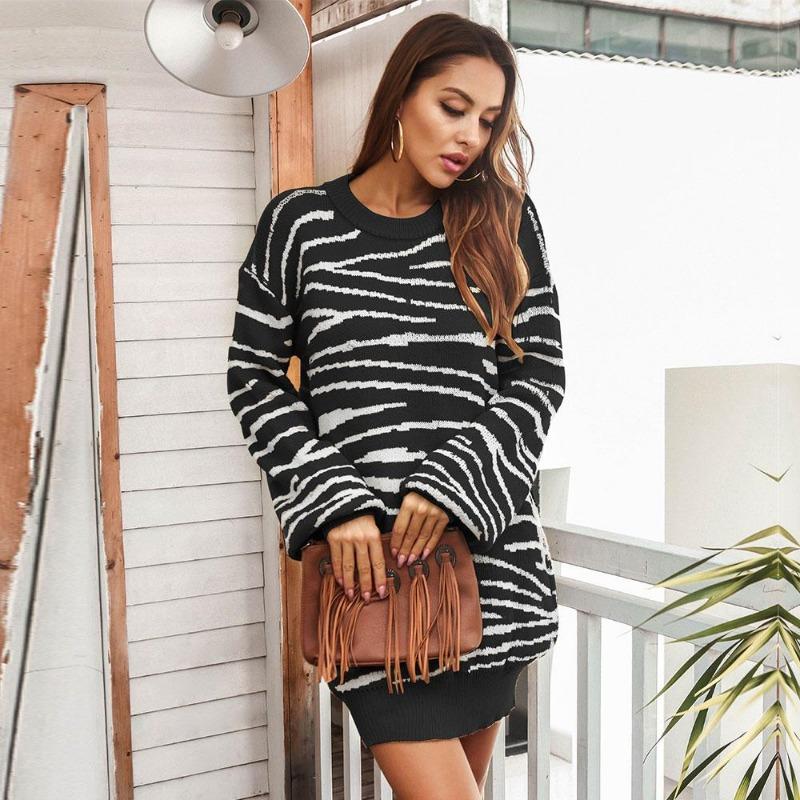 Spring Fall Clouds Pattern Above Knee Mini Knitting Sweater Dress Women Casual Straight O-Neck Full Sleeve Loose Waist S-L